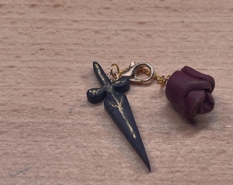 Dark Romance Dagger Charm | Polymer Clay | Fantasy Dagger Bookmark Clip | Gothic Charm | Handmade Dark Romance Gift | Black and Gold