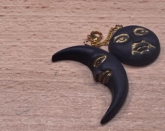 Dark Romance Moon Charm Set | Polymer Clay | Crescent Moon Bookmark Clip | Gothic Charm | Handmade Dark Romance Gift | Black and Gold