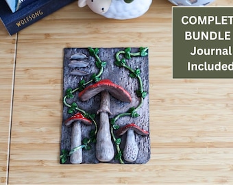 Mushroom Notebook Gift Set | Handmade Polymer Clay Cover | Fairycore Desk Decor | Cottagecore Gift | Dot Grid Notebook