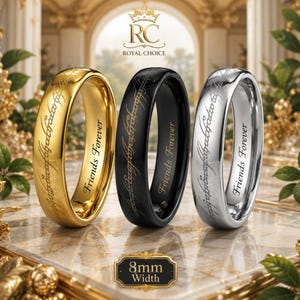 May include: Three rings with an 8mm width, featuring a gold, black, and silver finish. Each ring is engraved with the text Friends Forever and a decorative script pattern. The Royal Choice logo is visible at the top, and the text 8mm Width is below.