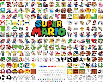 1200+ Super Mario SVG-bundel, Mario Cut-bestanden, Mario Clipart, Super Mario-lettertype, Mario PNG, afdrukbare Mario, Mario-clipartbundel, Luigi Svg