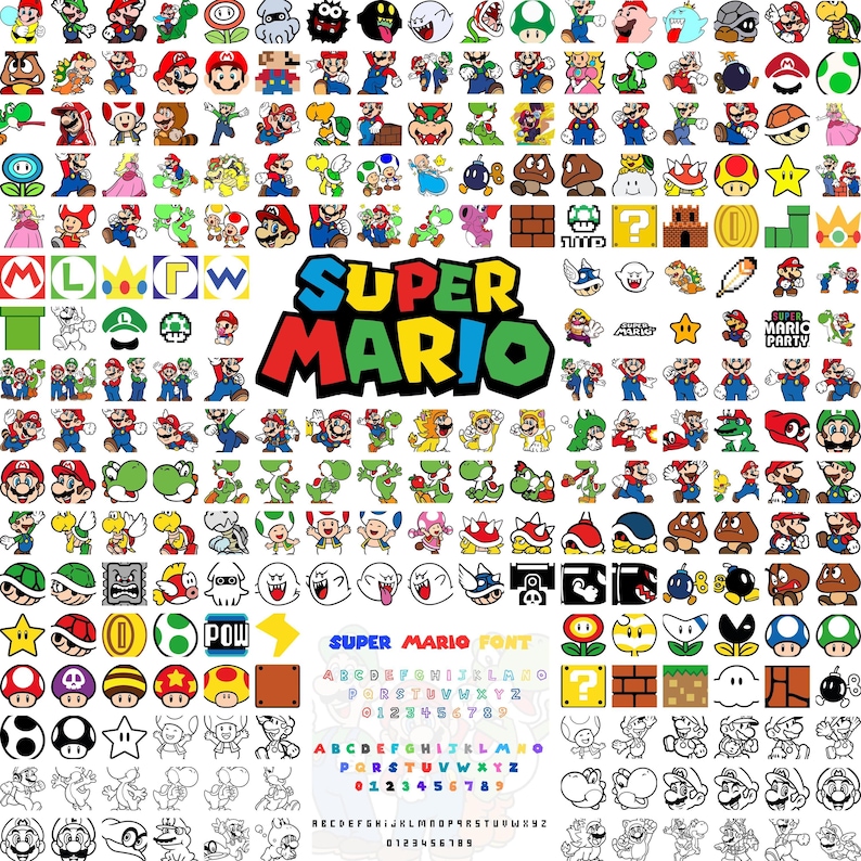Pode incluir: Uma cole&ccedil;&atilde;o de ilustra&ccedil;&otilde;es e &iacute;cones de personagens do Super Mario, incluindo Mario, Luigi, Yoshi e v&aacute;rios power-ups. A imagem tamb&eacute;m apresenta o texto "SUPER MARIO" em letras coloridas e uma fonte Super Mario.