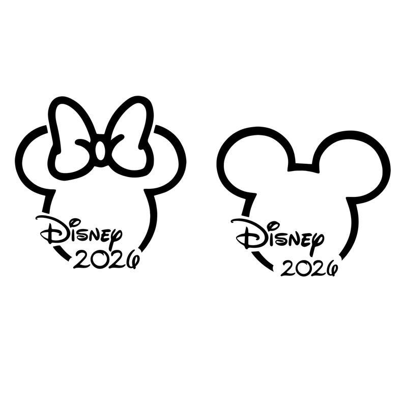 May include: Black outline of two Mickey Mouse heads, one with a bow. Each head has the word "Disney" and the year "2026" in a script font. The design is on a white background.