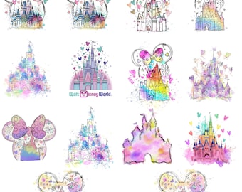 Zestaw akwarelowy zamek myszy w formacie PNG, akwarelowy zamek z uchem myszy w formacie PNG, kolorowy zamek retro w formacie PNG, projekt sublimacji w formacie PNG, Magic Kingdom w formacie PNG