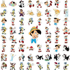 May include: A collection of colorful cartoon illustrations featuring characters from the classic story of Pinocchio. The images include Pinocchio, Jiminy Cricket, Figaro the cat, and other characters in various poses.
