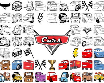 Paquete SVG de Cars, Clipart de Cars, Png de Cars, Paquete de cumpleaños de aviones y Cars, Rayo McQueen Mater, Letra cromada, Cumpleaños de aviones y Cars