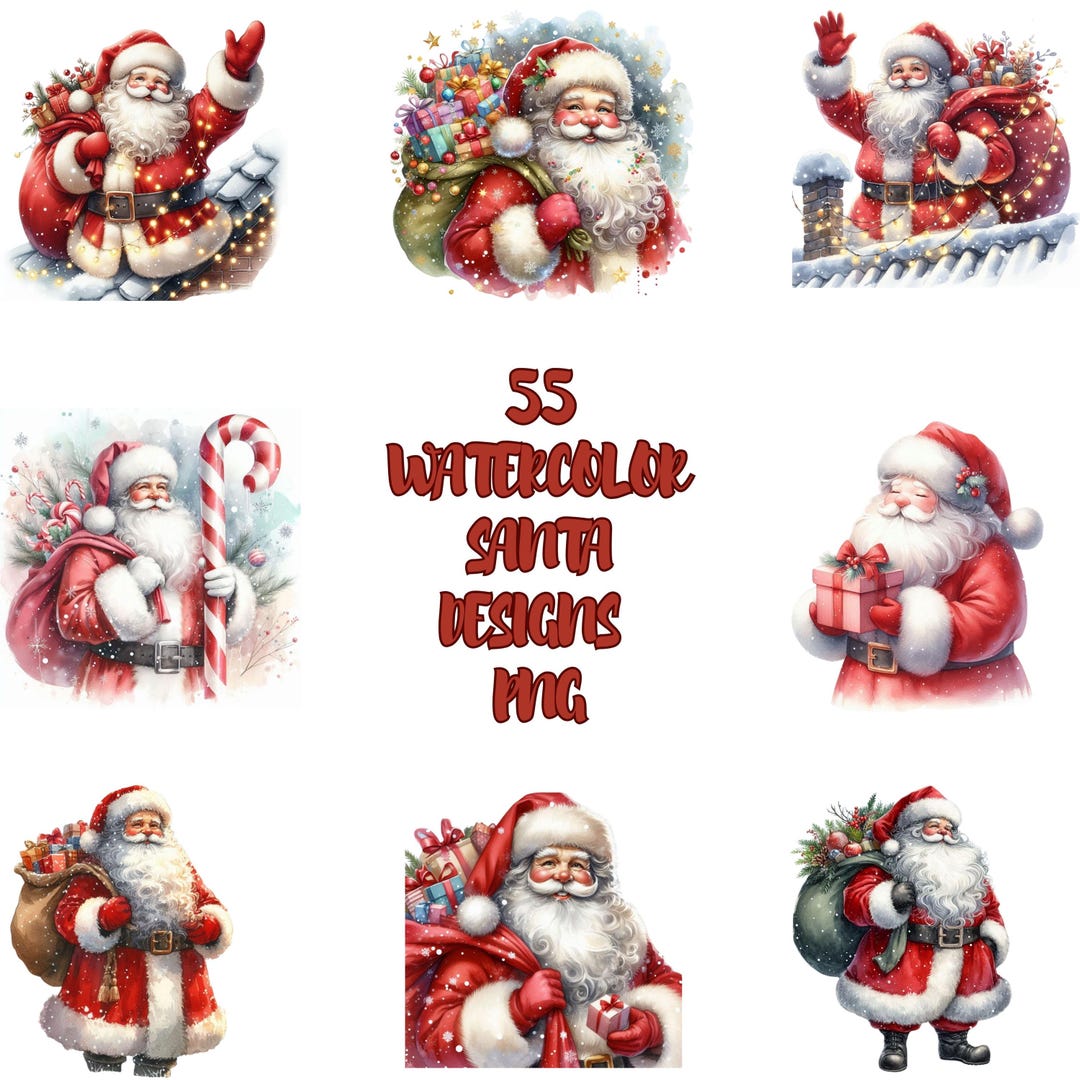 55 Watercolor Santa PNG Bundle, Christmas Santa Claus Clipart, Holiday ...