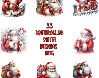Paquete de 55 imágenes PNG de Papá Noel en acuarela, imágenes prediseñadas de Papá Noel navideño, imágenes PNG de Papá Noel navideño, imágenes PNG de Papá Noel navideño en acuarela por sublimación, imágenes PNG de Papá Noel navideño