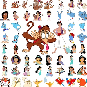 May include: A collection of colorful cartoon illustrations featuring characters from the animated film Aladdin. The images include Aladdin, Princess Jasmine, Genie, Abu the monkey, Jafar, and other characters.