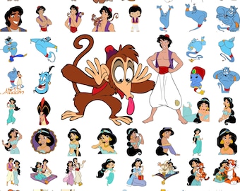Pakiet SVG Aladyn, Księżniczka Dżasmina SVG, Clipart Dżina, Małpka Abu SVG, Magiczna Lampa Png, Pliki SVG Aladyn do pobrania w Cricut Silhouette