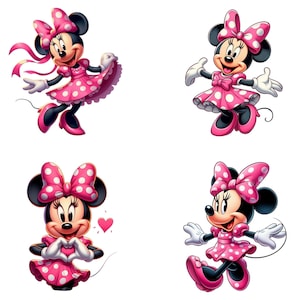 Pode incluir: Quatro imagens da Minnie Mouse em v&aacute;rias poses. Ela &eacute; retratada com pelo preto, um la&ccedil;o rosa com bolinhas e um vestido a condizer. Seus sapatos e outros acess&oacute;rios tamb&eacute;m s&atilde;o rosa. As imagens est&atilde;o em um fundo branco, destacando as cores vibrantes da personagem.