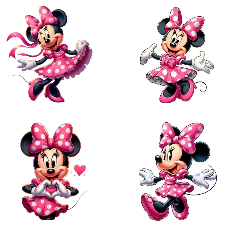 Pode incluir: Quatro imagens da Minnie Mouse em v&aacute;rias poses. Ela &eacute; retratada com pelo preto, um la&ccedil;o rosa com bolinhas e um vestido a condizer. Seus sapatos e outros acess&oacute;rios tamb&eacute;m s&atilde;o rosa. As imagens est&atilde;o em um fundo branco, destacando as cores vibrantes da personagem.