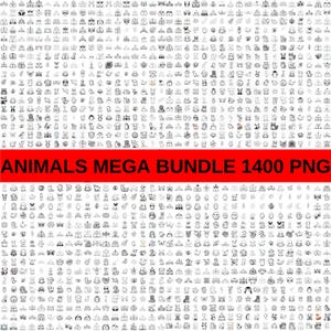 May include: A collection of 1400 PNG animal illustrations in black and white. The image features a grid of various animal drawings, including bears, pandas, and butterflies. The text "ANIMALS MEGA BUNDLE 1400 PNG" is displayed in a red banner.