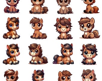 May include: A collection of sixteen cartoon-style horses in various poses. Each horse has large, expressive eyes and a brown coat with a darker brown mane and tail. The horses are in a sitting or lying down position.