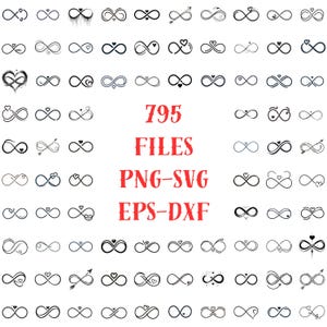 Könnte beinhalten: Eine Ansammlung schwarzer Unendlichkeitszeichen-Designs, einige mit Herzen oder Pfeilen. Der Text "795 FILES PNG-SVG EPS-DXF" in Rot zeigt verschiedene Dateiformate für die digitale Nutzung an.