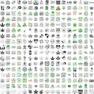 Peut inclure: Une collection de graphiques noirs et verts sur le thème du cannabis. Les motifs comprennent du texte tel que "420", "Good Vibes" et des illustrations de feuilles de cannabis. Les images conviennent aux vêtements et accessoires.
