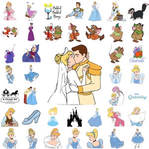 May include: A collection of Cinderella-themed illustrations and graphics. Includes images of Cinderella, Prince Charming, mice, a pumpkin carriage, a glass slipper, and the Disney Cinderella logo. Various poses and scenes are depicted.