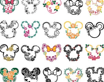 Floral Mouse Ears Svg Bundle, Flower Mouse Svg, Cute Mouse Head Svg, Bow Svg, Minnie Svg, Mouse Clipart Png, Digital Download for Cricut