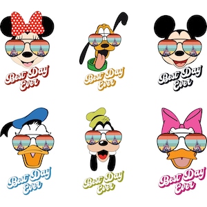 Puede incluir: Seis diseños de personajes de dibujos animados, incluyendo Mickey y Minnie Mouse, Pluto, Donald Duck, Goofy y Daisy Duck. Cada personaje lleva gafas de sol con un reflejo de castillo y el texto "Best Day Ever".