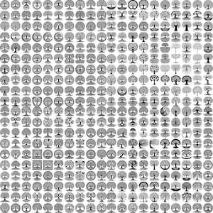 May include: A grid of black and white tree illustrations, each with unique designs. The collection features various tree styles, from simple outlines to intricate patterns, showcasing diverse artistic interpretations of trees. The image is suitable for art prints, logos, or design elements.