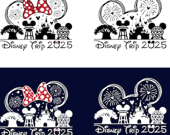 Paquete SVG de viaje familiar 2025, Castillo de orejas de Mickey y Minnie con fuegos artificiales, Archivos SVG de vacaciones con iconos de parque, Clipart de camisa a juego (PNG) para Cricut