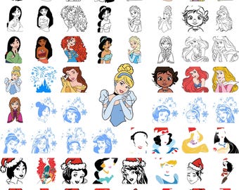 Prinses SVG PNG-bundel, sprookje prinses clipart, Ariel Belle Jasmine Assepoester Elsa Anna Rapunzel Sneeuwwitje kreunen, Cricut Cut-bestanden