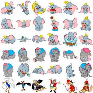 Puede incluir: Una colección de ilustraciones de dibujos animados con Dumbo el elefante en varias poses. Las imágenes muestran a Dumbo con sus grandes orejas, usando un sombrero amarillo e interactuando con otros personajes. La paleta de colores incluye azul, rosa y amarillo.