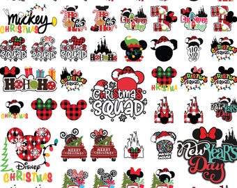 Paquete SVG de Navidad, SVG de Año Nuevo, SVG de orejas de Mickey y Minnie a cuadros, Archivos SVG de Holiday Squad, Clipart de camión de árbol de Navidad (PNG), Silueta de Cricut