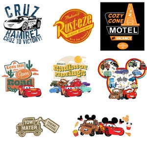 May include: A collection of cartoon-style graphics featuring characters and logos from the movie "Cars." Includes the "Cruz Ramirez" car, the "Rusteze" bumper ointment logo, and the "Cozy Cone Motel" sign.