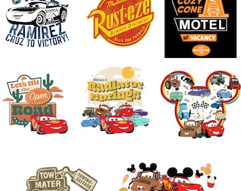 Pakiet Chłodnicy Górskiej w formacie PNG, Pliki Złomka Cruz Ramirez w formacie PNG dla Cricut, Znak retro Rust-Eze w formacie PNG, Zestaw clipartów samochodowych na wycieczkę