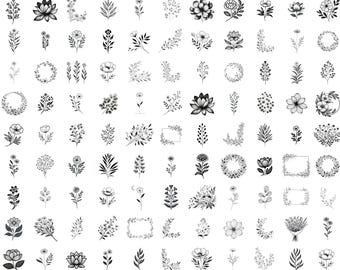 1200 bloemen SVG-bundel, botanische bloem Svg-bestanden, bladkrans Svg, lijntekeningen bloemen Clipart Png, esthetische plant Svg voor Cricut Silhouette