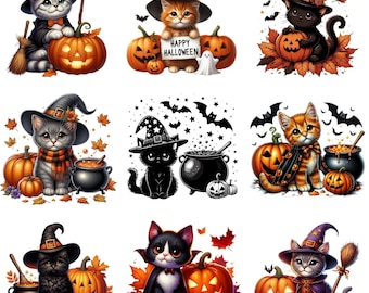 Watercolor Halloween Cats Collection Clipart, Halloween Clipart, Cute Halloween Animals Clipart, Animal PNG Bundle, Black Cats Clipart
