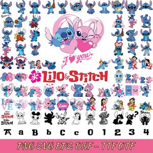 May include: A collection of Lilo & Stitch themed graphics in various poses and styles. The image includes the text "Lilo & Stitch", "I love you", and various letters and numbers. The color palette is primarily blue, pink, and white.