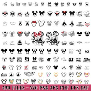 May include: A collection of 490 Disney-themed digital files in SVG, PNG, JPG, PDF, EPS, and DXF formats. The designs feature Mickey Mouse silhouettes, bows, castle illustrations, and text elements like "Disney 2026" and "Best Day Ever."