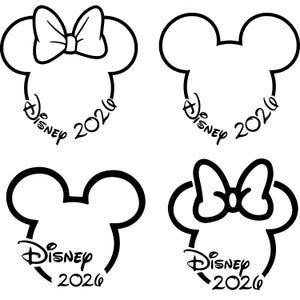 May include: Four black and white Disney-themed designs. Two feature Mickey Mouse ears, and two feature Minnie Mouse ears with bows. Each design includes the word "Disney" and the year "2026".
