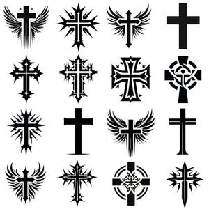 May include: A collection of sixteen black cross designs. The crosses vary in style, including those with wings, intricate patterns, and simple silhouettes. The image is a graphic representation of religious symbols.