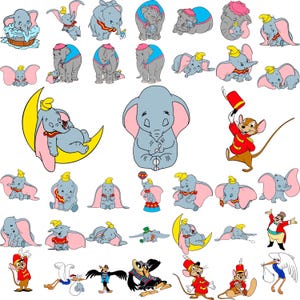 Puede incluir: Una colección de ilustraciones de dibujos animados con el elefante Dumbo en varias poses. Las imágenes incluyen a Dumbo con sus grandes orejas rosas, un sombrero amarillo y otros personajes de la película, como Timothy Q. Mouse.