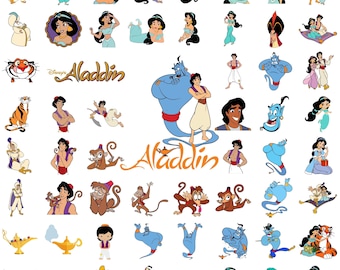 May include: A collection of colorful Aladdin-themed stickers featuring characters like Jasmine, Genie, Aladdin, Abu, and the tiger Rajah. The Disney logo and the word "Aladdin" are also present in the image.