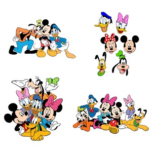 Puede incluir: Ilustraciones de personajes de dibujos animados, incluyendo Mickey Mouse, Minnie Mouse, Pato Donald, Daisy, Goofy y Pluto. Los personajes están en varias poses y grupos, con colores brillantes y contornos distintos.