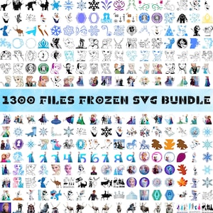 May include: A collection of various Frozen-themed SVG files. The image displays numerous designs, including characters, snowflakes, and quotes. The text "1300 FILES FROZEN SVG BUNDLE" is prominently displayed. The designs are in black, white, and shades of blue.