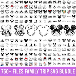 Könnte beinhalten: Eine Sammlung von schwarz-weißen Disney-Themen-SVG-Dateien, darunter Mickey-Mouse-Silhouetten, Schleifen und Schlossdesigns. Der Text "750+ FILES FAMILY TRIP SVG BUNDLE" ist enthalten.