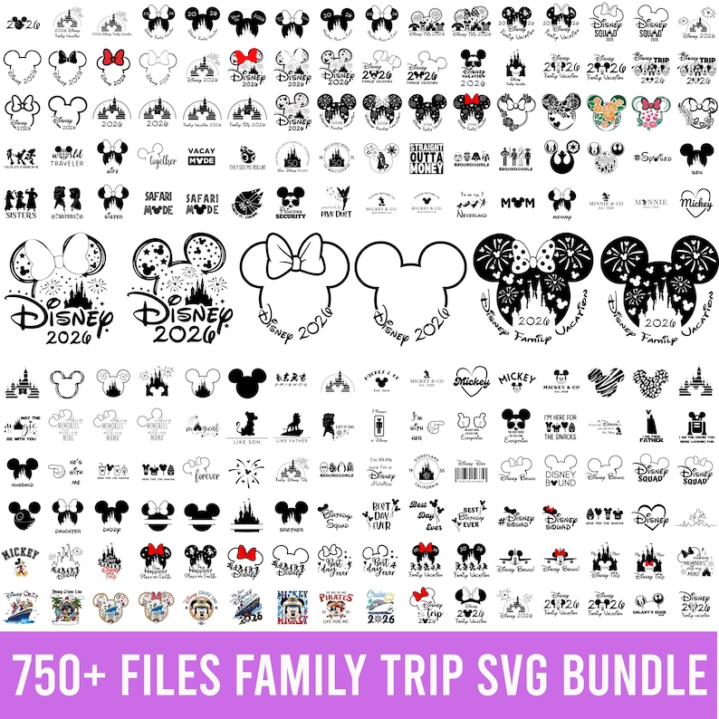 May include: A collection of black and white Disney-themed SVG files, including Mickey Mouse silhouettes, bows, and castle designs. The image includes the text "750+ FILES FAMILY TRIP SVG BUNDLE".