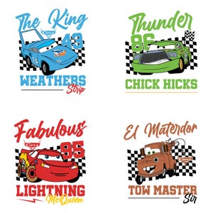 May include: Four cartoon car designs on a white background. The designs feature a blue car with "The King" and "43", a green car with "Thunder" and "86", a red car with "Fabulous" and "95", and a brown car with "El Materdor".