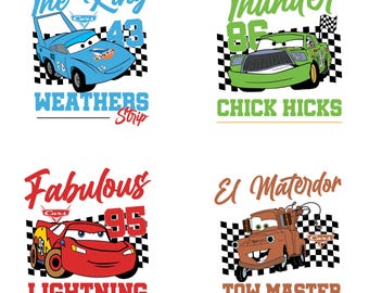 Auto's png-bundel, Lightning McQueen Mater Chick Hicks The King, racewagen clipart, racedag sublimatie ontwerp, verjaardag shirt Cricut-bestanden