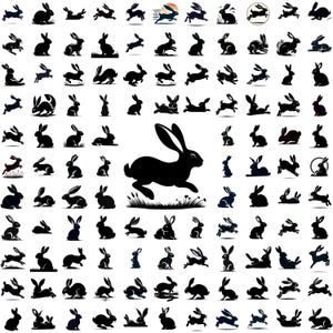 May include: A collection of black rabbit silhouettes in various poses, including running, jumping, and sitting. The image features a variety of rabbit designs, suitable for logos, icons, or decorative elements. The rabbits are depicted in a simple, minimalist style.