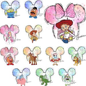 May include: A collection of colorful Disney-themed illustrations featuring characters from the Toy Story franchise. Each character is set within a Mickey Mouse ear silhouette, with fireworks and watercolor effects. Characters include Woody, Jessie, and Buzz Lightyear.