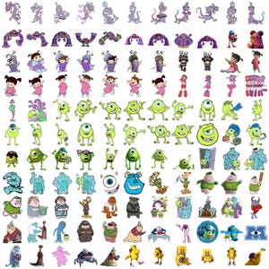 May include: A collection of colorful cartoon character stickers featuring various monsters and creatures. The stickers include characters from the movie Monsters, Inc., such as Mike Wazowski, Sulley, and Boo, in various poses and expressions.