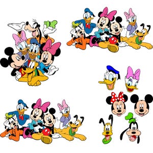 May include: A collection of cartoon character illustrations featuring Mickey Mouse, Minnie Mouse, Donald Duck, Daisy Duck, Goofy, and Pluto. The characters are in various poses, with bright colors and distinct features.