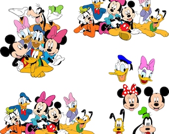 Pakiet SVG „Przyjaciele z kreskówek”, Myszka Miki i Minnie, Donald, Daisy i Goofy, Pluto, Klasyczna grupa kreskówek w formacie SVG, Projekt sublimacji na rodzinną wycieczkę, Pliki Cricut