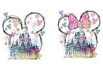 Watercolor Castle Png Bundle, Minnie Ears Castle PNG, Rainbow Balloon Castle Sublimation, Cricut Clipart, Fairytale Kingdom Digital Files